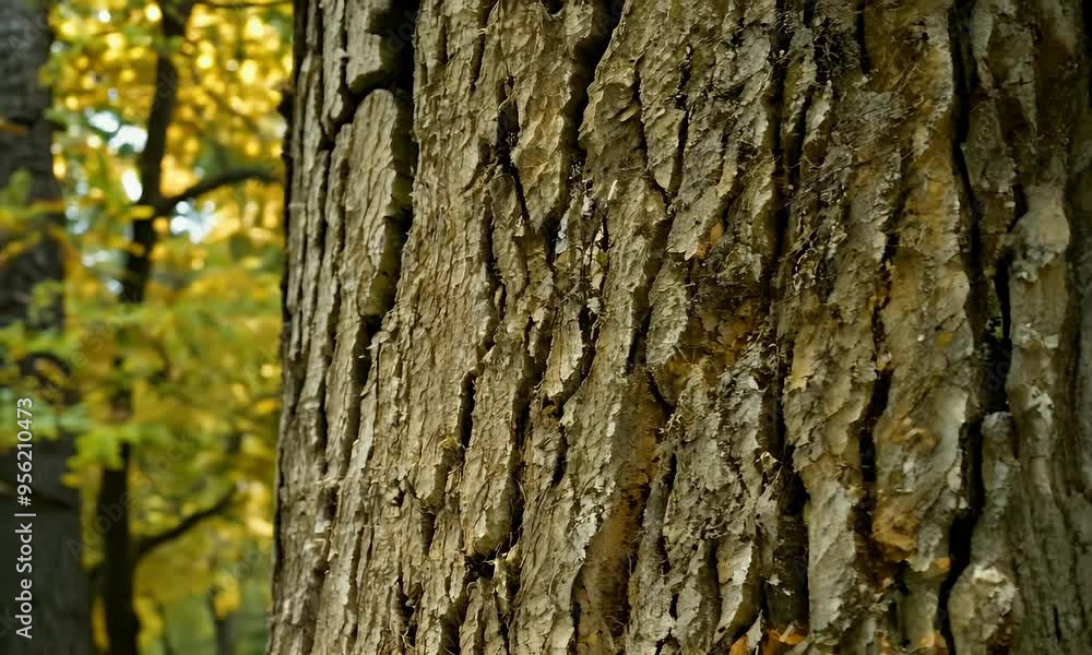 Close-up of Tree Bark Texture with Blurred Autumn Foliage Background Close-up of Tree Bark Texture with Blurred Autumn Foliage Background