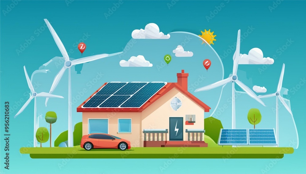 Vector illustration of a home with virtual battery energy storage, solar panels, wind turbines, and an electric car charging on a renewable off-grid system Vector illustration of a home with virtual battery energy storage, solar panels, wind turbines, and an electric car charging on a renewable off-grid system
