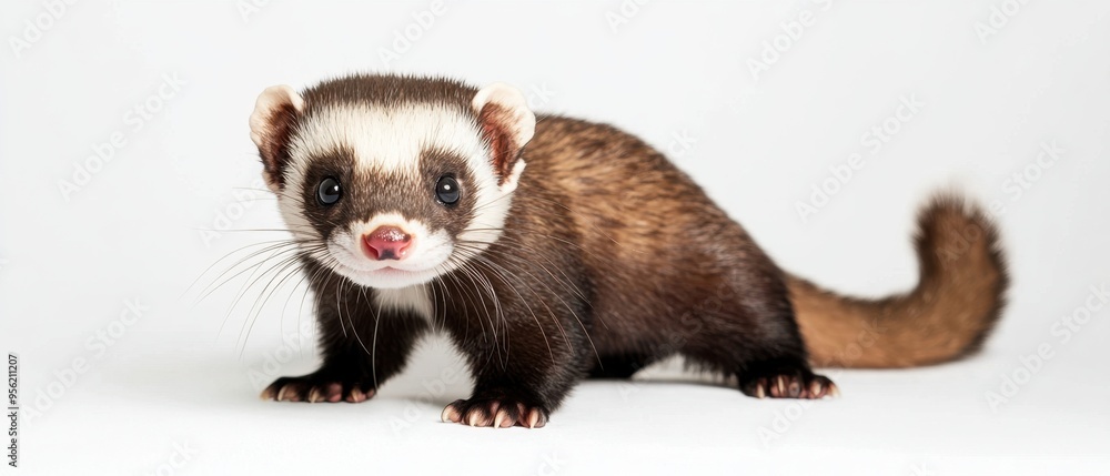 Lovely ferret captured in a studio setting against a white backdrop highlighting its unique features Lovely ferret captured in a studio setting against a white backdrop highlighting its unique features