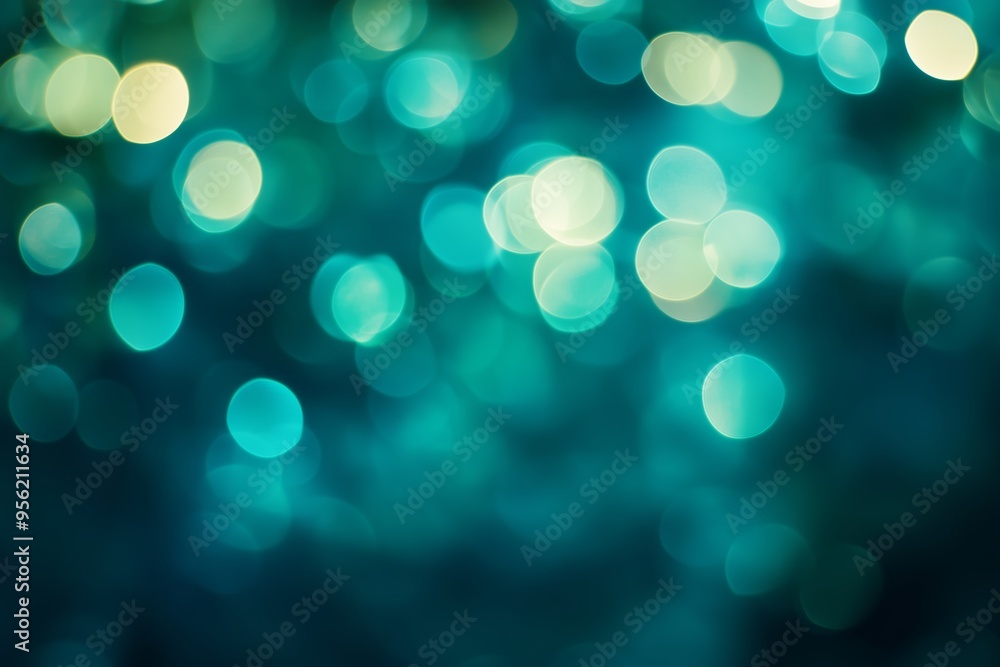 Fototapeta premium Soft turquoise bokeh lights create a dreamy atmosphere in a blurred background, enhancing the visual depth and serenity