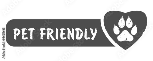 Pet friendly grunge stamp, gray isolated on white background, vector illustration.  Animal paw print on heart vector illustration for your web site design, app, UI.  Pet Friendly sign. EPS10.