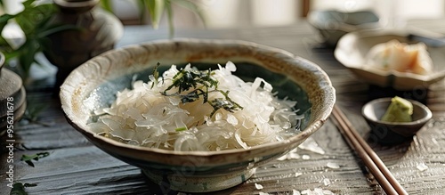 Prepare dashi using Japanese bonito flakes a key ingredient. with copyspace image photo