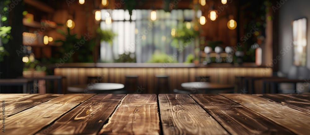 Empty wooden counter and shelf surface over a blurred restaurant with bokeh background ideal as a wood table top for product display in a copy space image Empty wooden counter and shelf surface over a blurred restaurant with bokeh background ideal as a wood table top for product display in a copy space image