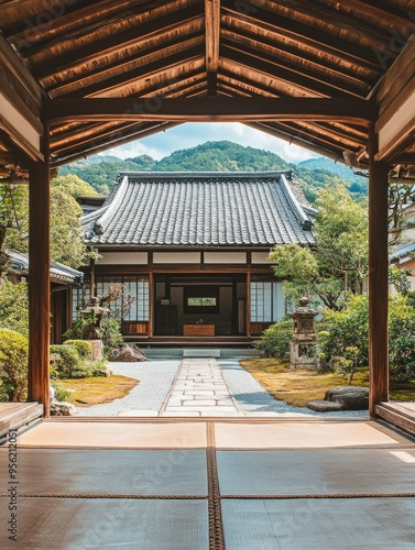 View from a Japanese Courtyard Through a Wooden Frame photo