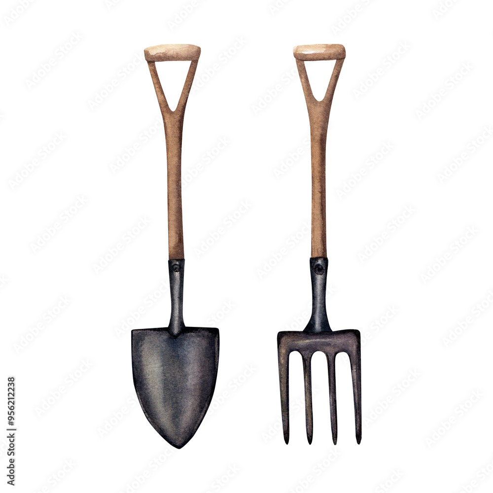 Spade, shovel and pitchfork. Tools for gardening, farming. Hand drawn watercolor illustration isolated on white background. For clip art label package Spade, shovel and pitchfork. Tools for gardening, farming. Hand drawn watercolor illustration isolated on white background. For clip art label package
