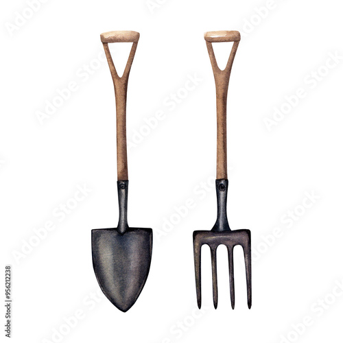Spade, shovel and pitchfork. Tools for gardening, farming. Hand drawn watercolor illustration isolated on white background. For clip art label package