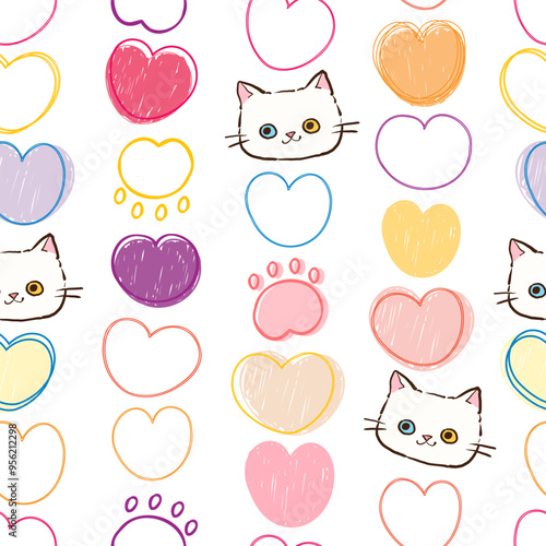 Wallpaper Mural Seamless Pattern with Cartoon Cat Face, Heart and Paw Design on White Background Torontodigital.ca