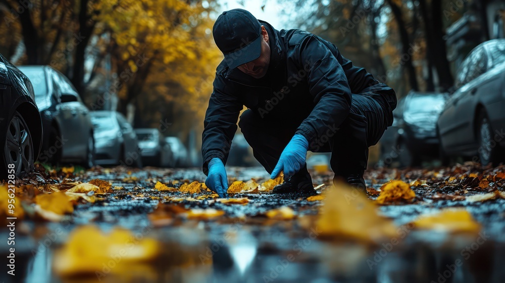 An officer carefully collecting evidence at a crime scene, underscoring the meticulous nature of police investigations. An officer carefully collecting evidence at a crime scene, underscoring the meticulous nature of police investigations.