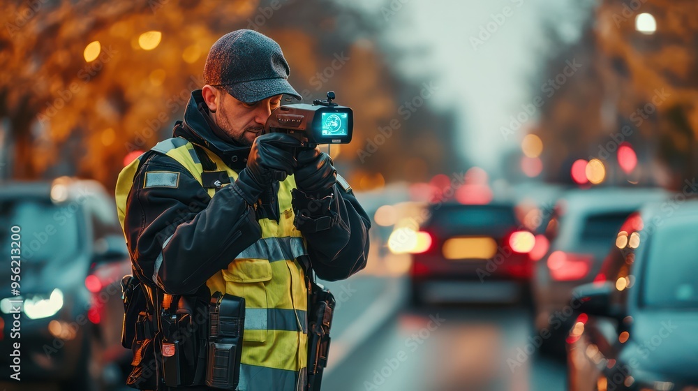 An officer using a radar gun to monitor traffic speed, ensuring road safety and compliance with laws. An officer using a radar gun to monitor traffic speed, ensuring road safety and compliance with laws.