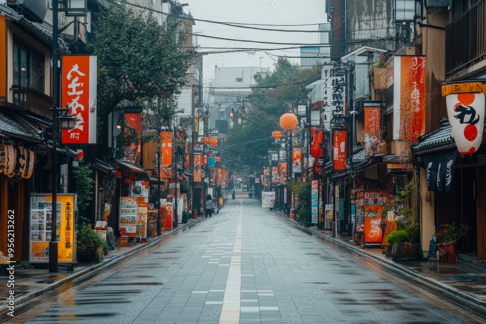 Empty Wet Street in a Japanese City with Traditional Architecture and Signs Empty Wet Street in a Japanese City with Traditional Architecture and Signs