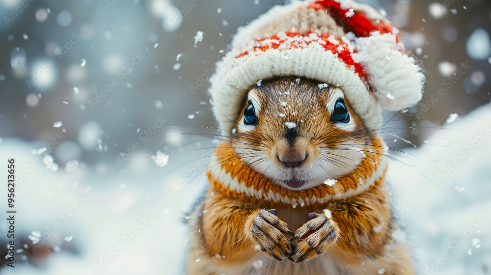 Chipmunk in snow with winter clothes like Santa Claus.. Christmas style hat and sweater. Funny animals in winter Chipmunk in snow with winter clothes like Santa Claus.. Christmas style hat and sweater. Funny animals in winter
