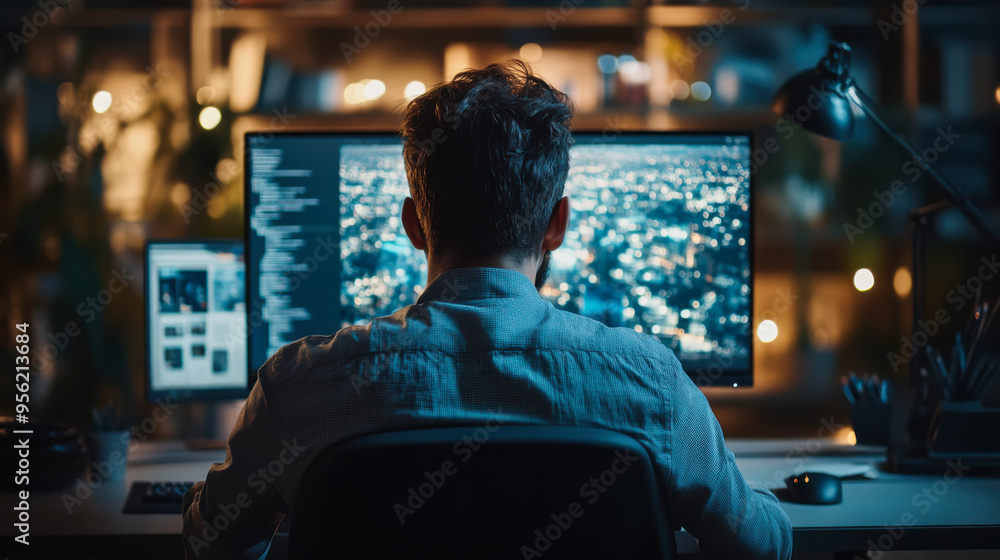 A person working at a desk in a modern office with multiple screens displaying cityscape and code at night A person working at a desk in a modern office with multiple screens displaying cityscape and code at night