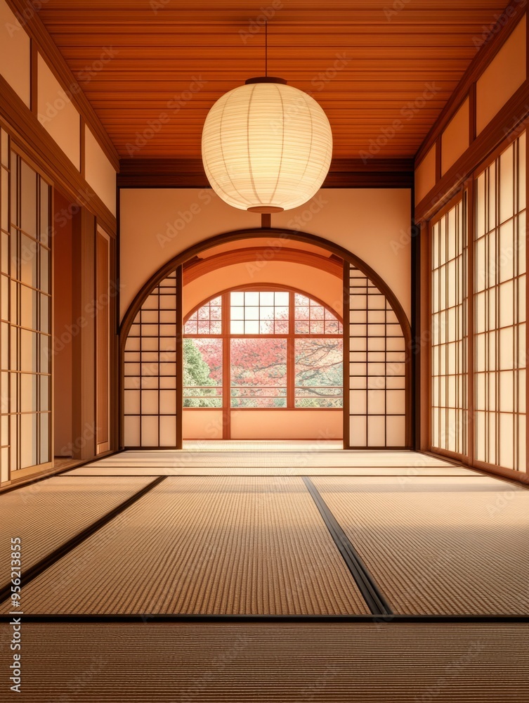 Empty Japanese Room with Tatami Floor, Arch Window, and Paper Lantern Empty Japanese Room with Tatami Floor, Arch Window, and Paper Lantern