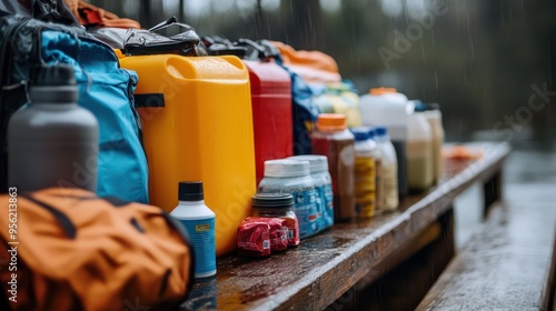 An organized emergency kit in a waterproof container, showing its importance for flood and water-related disasters.