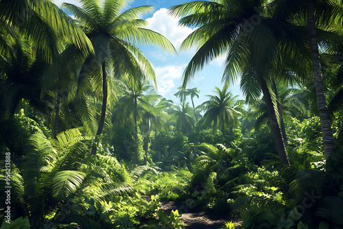 Lush tropical landscape with palm trees and dense greenery under a bright sky.