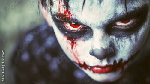 Close-up of a young boy with eerie face paint and red eyes, evoking a haunting and intense atmosphere.