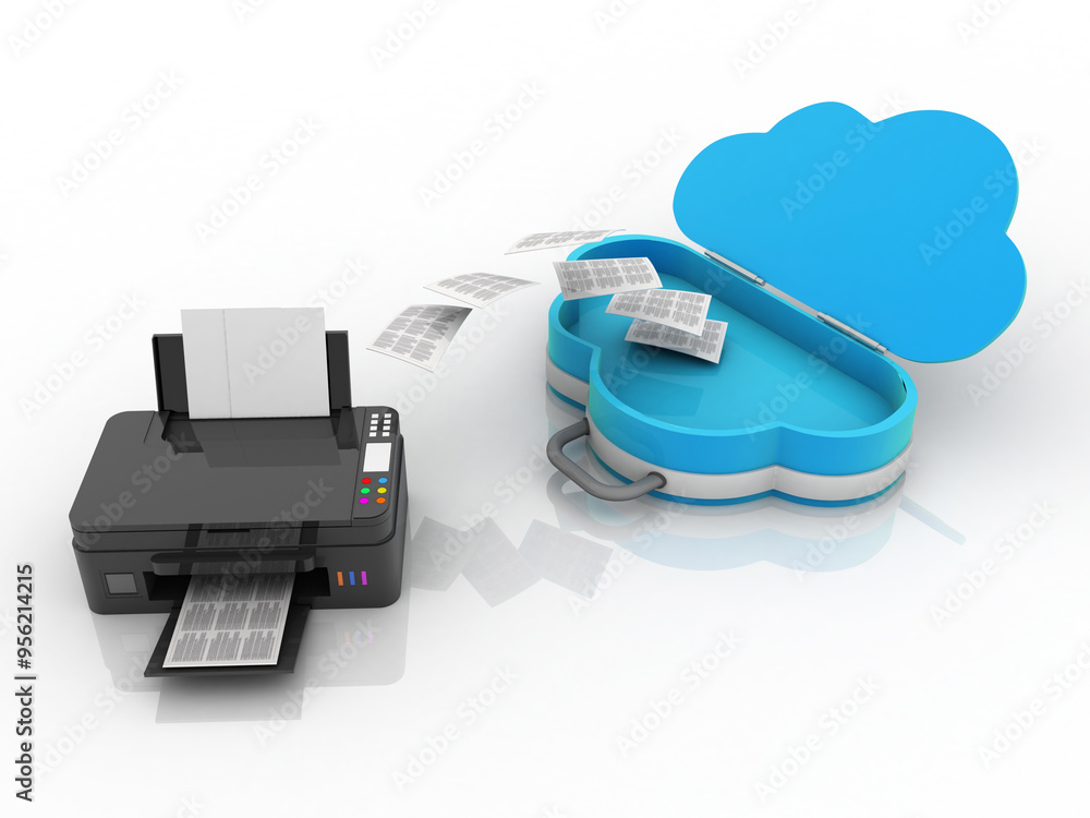 3d illustration Generic inkjet printer CMYK cartridges with cloud 3d illustration Generic inkjet printer CMYK cartridges with cloud