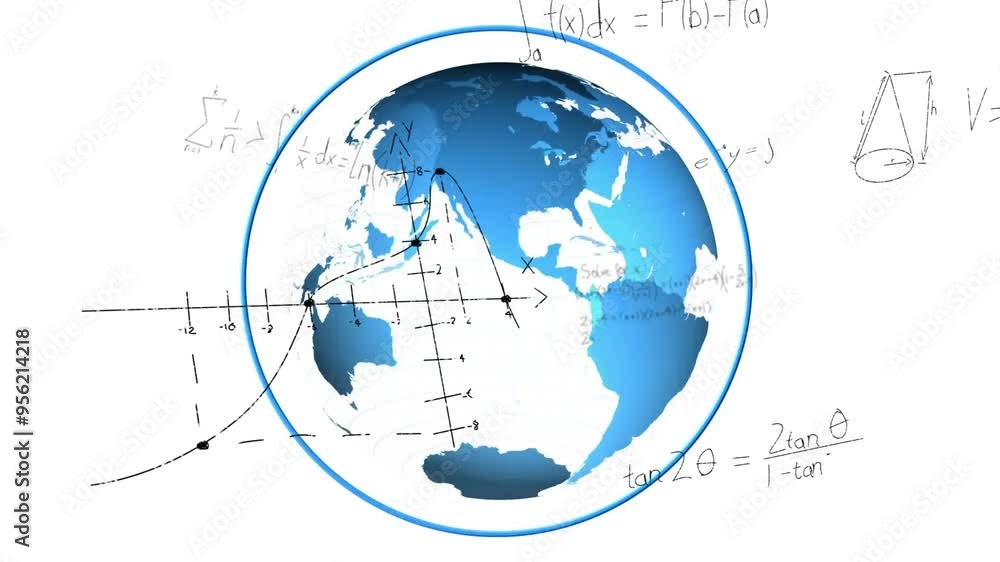 Mathematical equations and graphs animation over rotating globe Mathematical equations and graphs animation over rotating globe