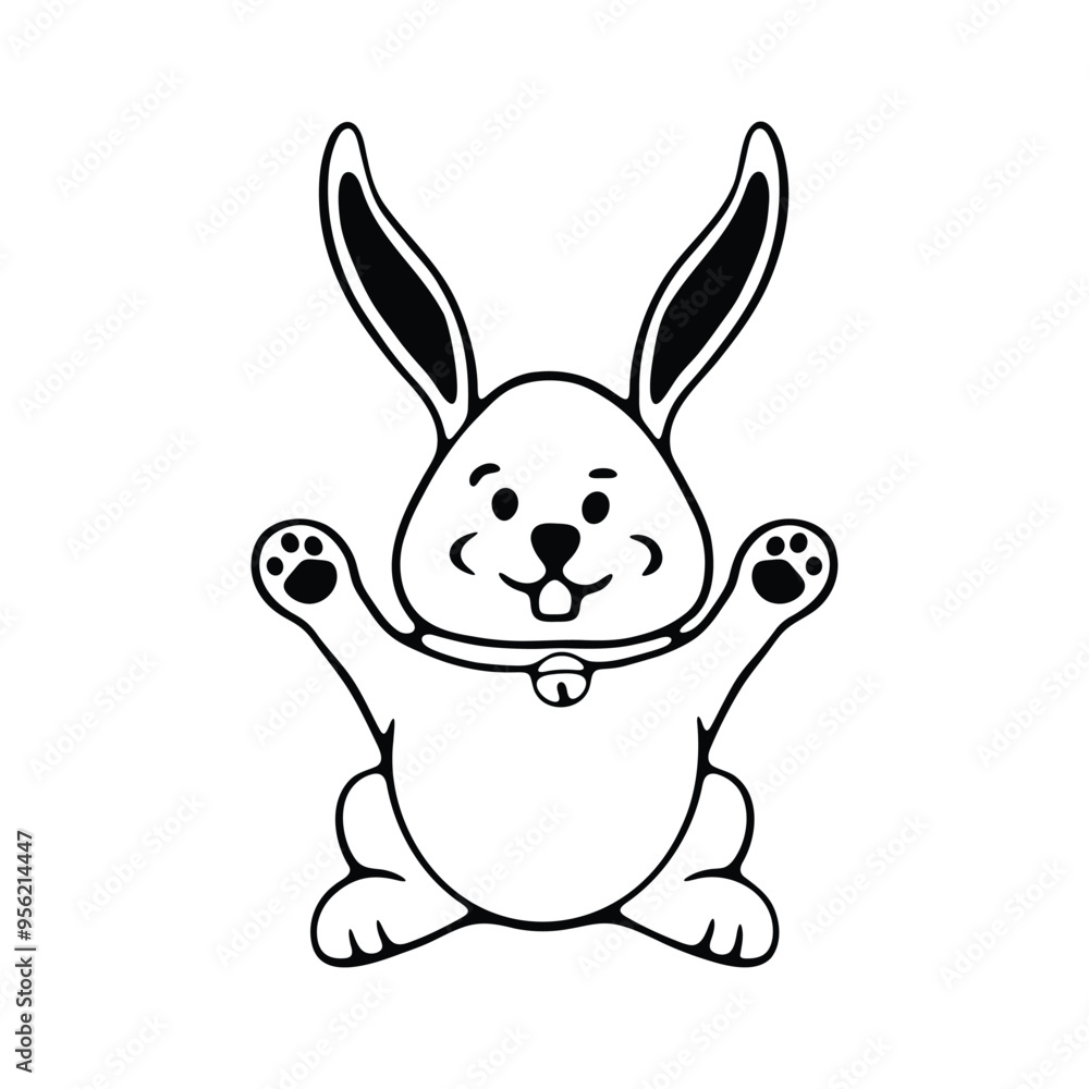 A charming black and white illustration of a happy cartoon bunny with large ears and a playful expression, raising its arms as if waving A charming black and white illustration of a happy cartoon bunny with large ears and a playful expression, raising its arms as if waving