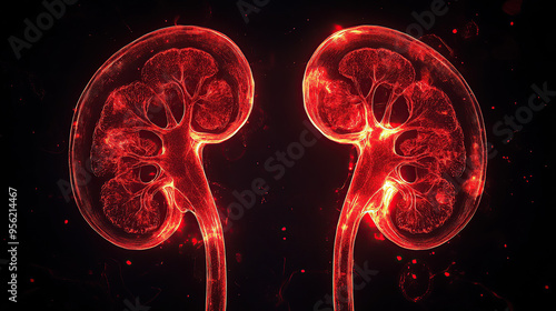 Two glowing red human kidneys on a black background photo