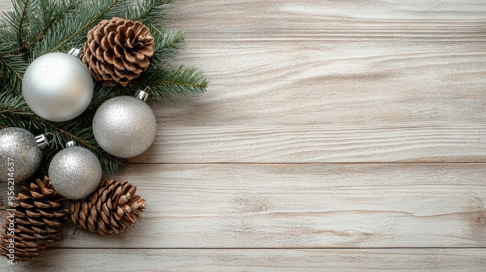 Holiday arrangement featuring pinecones and tree ornaments with fir branches on wooden background for a Christmas and New Year greeting card. Holiday arrangement featuring pinecones and tree ornaments with fir branches on wooden background for a Christmas and New Year greeting card.