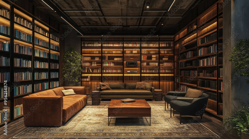 Cozy modern library with bookshelves, comfortable seating, and warm lighting Cozy modern library with bookshelves, comfortable seating, and warm lighting