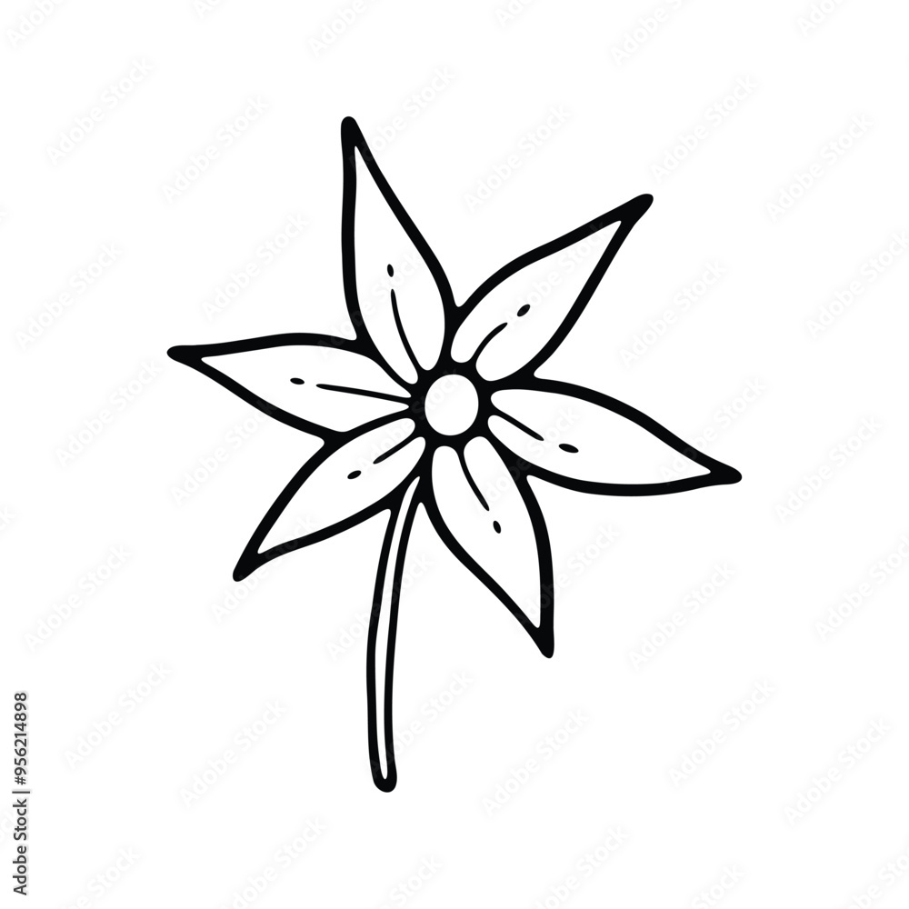A minimalistic black and white illustration of a star-shaped flower with six petals and a simple stem A minimalistic black and white illustration of a star-shaped flower with six petals and a simple stem