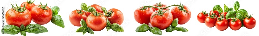 On white background, isolated tomato and basil, full depth of field, clipping path On white background, isolated tomato and basil, full depth of field, clipping path