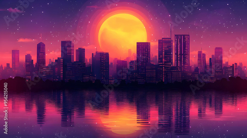 Night Cityscape with Sunset Reflection