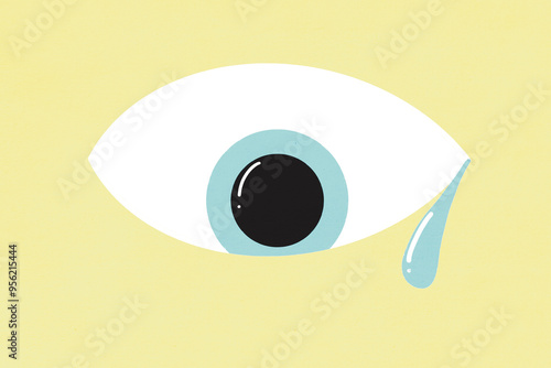 Illustration of eye with tear drop falling over yellow background