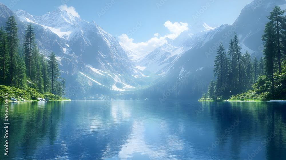 Serene Mountain Lake with Snow Capped Peaks and Evergreen Forest Serene Mountain Lake with Snow Capped Peaks and Evergreen Forest