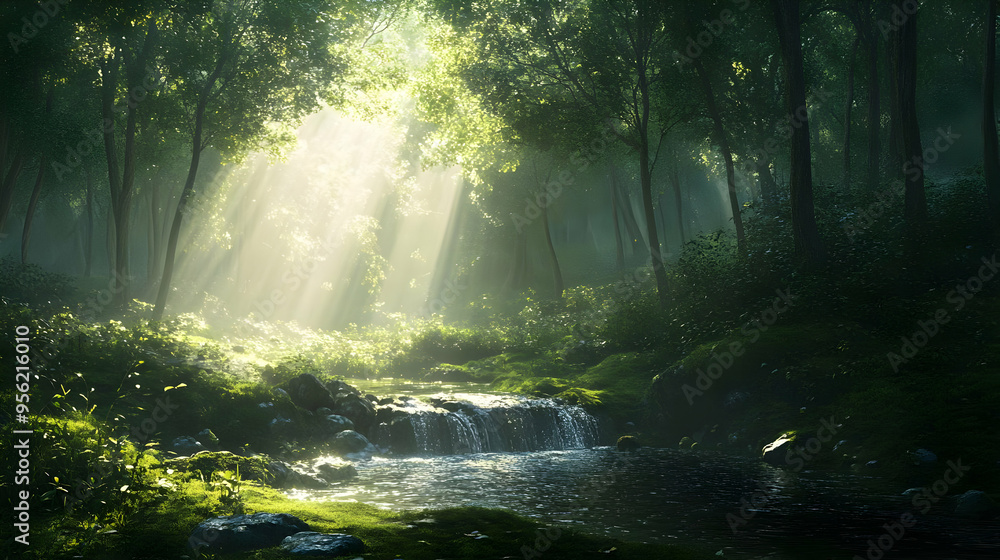 Obraz premium Sunbeams Through Forest Canopy Stream Waterfall Green Lush
