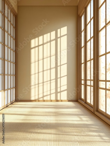 Sunlit Minimalist Room with Tatami Mat Floor and Sliding Doors