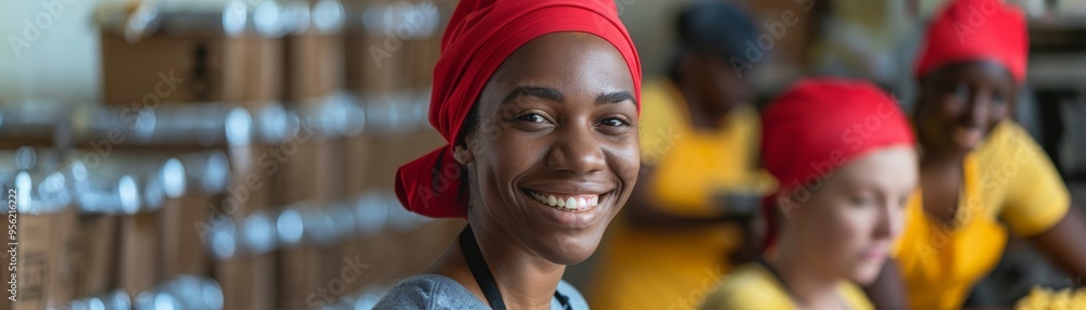 Smiling volunteers serve food at a community kitchen, fostering unity and showcasing volunteerism. Smiling volunteers serve food at a community kitchen, fostering unity and showcasing volunteerism.