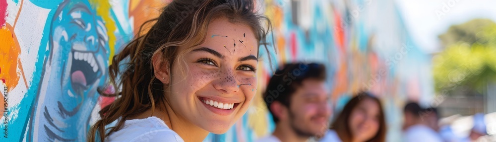 Smiling volunteers paint a mural on a community center wall, enhancing community engagement and urban beautification. Smiling volunteers paint a mural on a community center wall, enhancing community engagement and urban beautification.