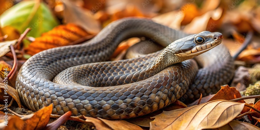 Fototapeta premium A brownish-gray snake with a pointed snout blends into bushy terrain, surveying mid-ground amidst fallen leaves and twigs.