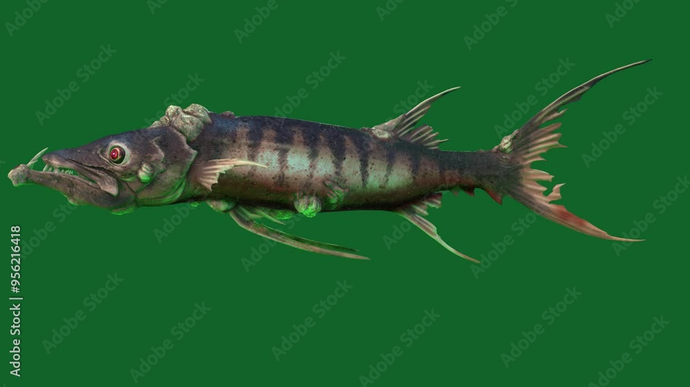 Barracuda Fish Swim Scene From Left, 3D Rendering Animation on Green Screen Barracuda Fish Swim Scene From Left, 3D Rendering Animation on Green Screen