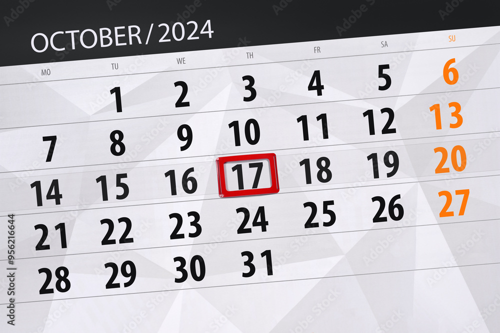 Fototapeta premium Calendar 2024, deadline, day, month, page, organizer, date, October, thursday, number 17