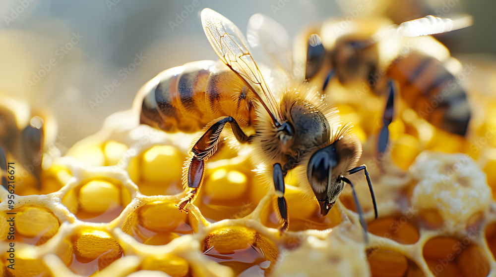 Close-up view of working bees on honeycells Close-up view of working bees on honeycells