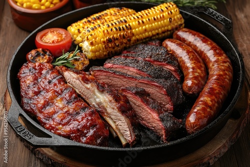 Delicious grilled sausages and corn serving with sliced roast beef on cast iron pan