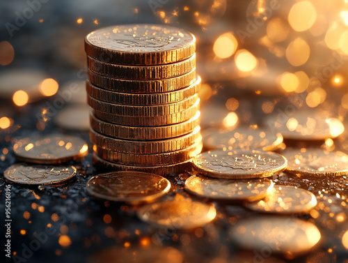 Stack Money Business success growing concept, bokeh background, warm tone.