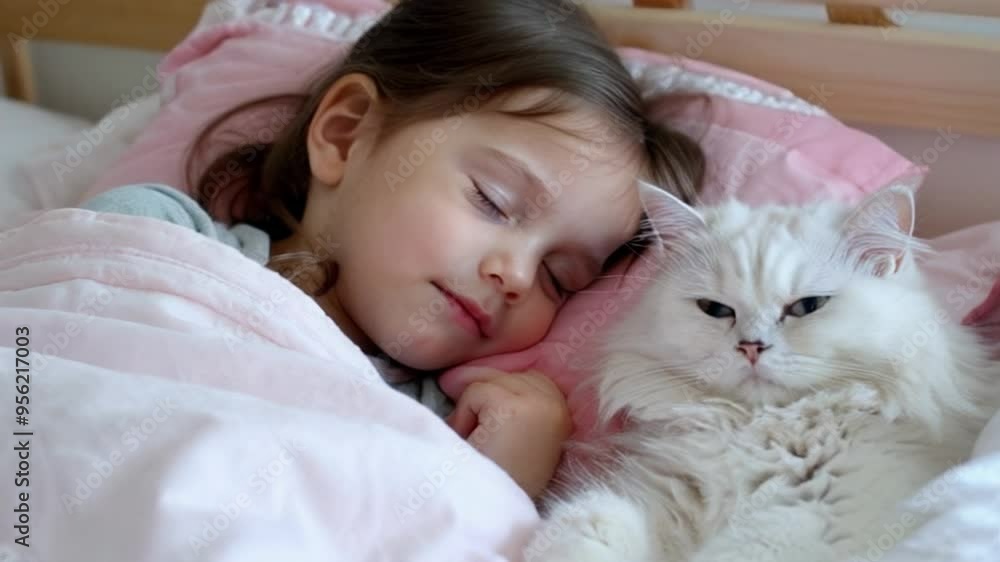 Cute little girl sleeping on a bed with her white cat Cute little girl sleeping on a bed with her white cat