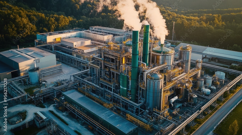 Industrial plant emitting smoke from chimneys at sunset with forest in background Industrial plant emitting smoke from chimneys at sunset with forest in background