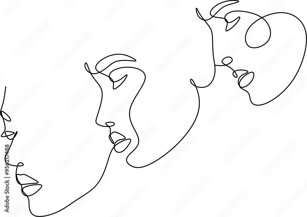 Silhouette of three female faces drawn by hand with one line Silhouette of three female faces drawn by hand with one line