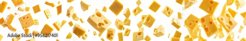 The image shows falling cheese slices isolated on a white background, with selective focus photo