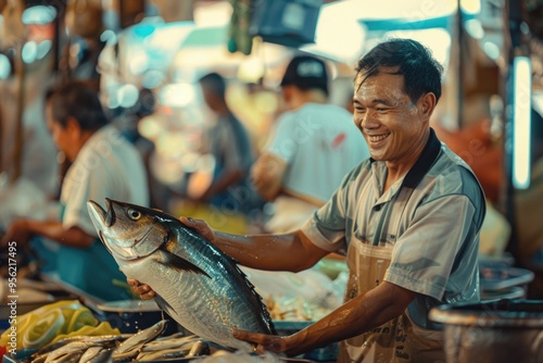 Cheerful Fish Market Vendor Holding Fresh Catch – Ideal for Seafood, Market, and Cultural Themes photo