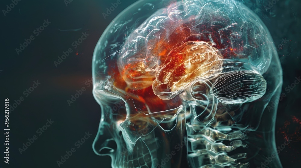 CT skull film of a patient with traumatic brain injury from contacting ...