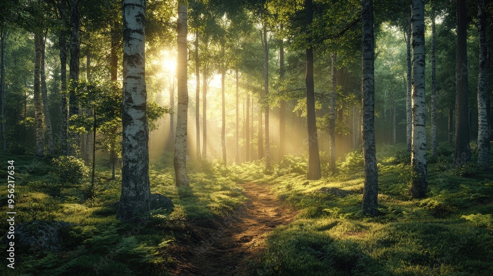 Obraz premium Sun shining through trees on misty forest path