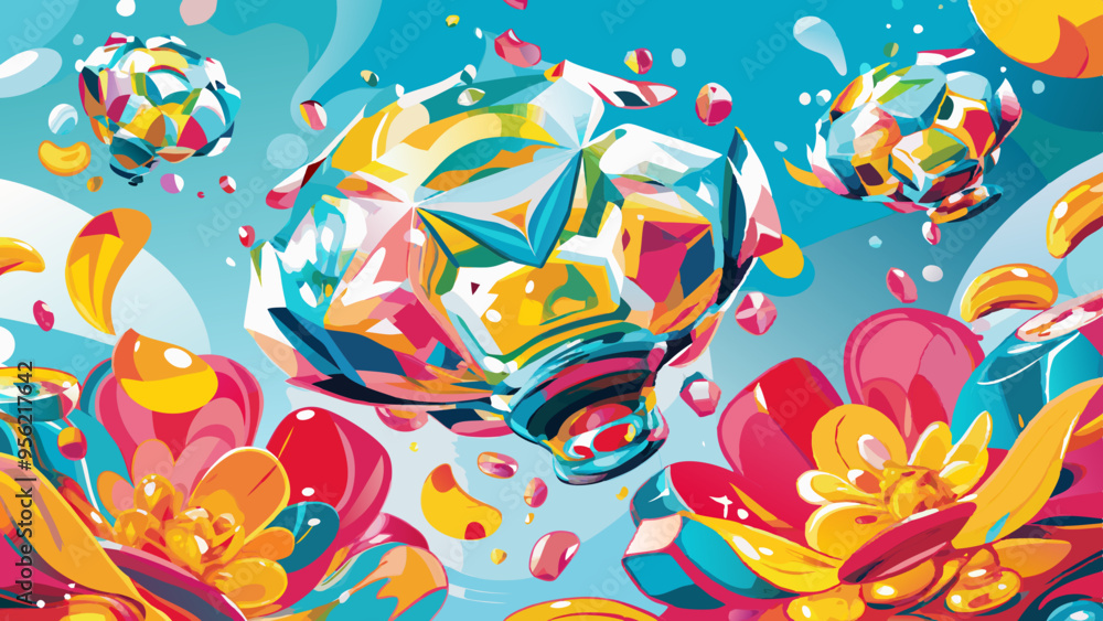 Vibrant Abstract Art with Colorful Geometric Shapes and Floral Elements Vibrant Abstract Art with Colorful Geometric Shapes and Floral Elements