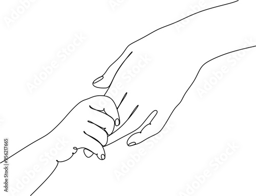 Baby holding mother's finger in line art style, concept of mother's protection and parental care. Mother holding baby's hand